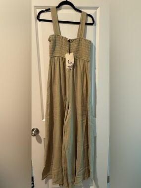 NWT a.ren Olive Green Smocked Wide-Leg Jumpsuit